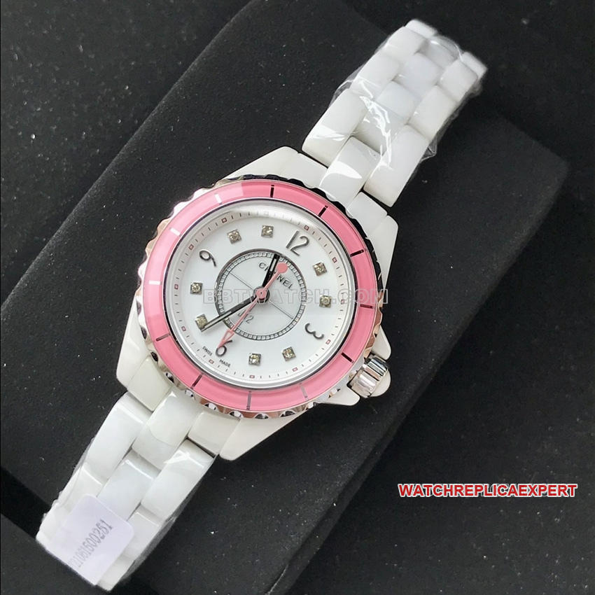Chanel J12 Reloj de cuarzo de 29 mm con esfera blanca y bisel rosa, réplica uno a uno H4466