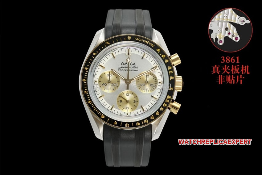 Omega Speedmaster 3861 Moonwatch 42 mm mittleres Gold-Silber-Zifferblatt, Super-Klon, mechanisch, Kautschuk, Modell 310.20.42.50.02.001