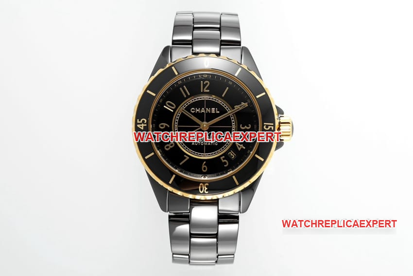 Chanel H9541 J12 2024 Nuevo reloj réplica de cerámica negra y oro amarillo de 18 quilates, modelo con fecha y hora de 38 mm