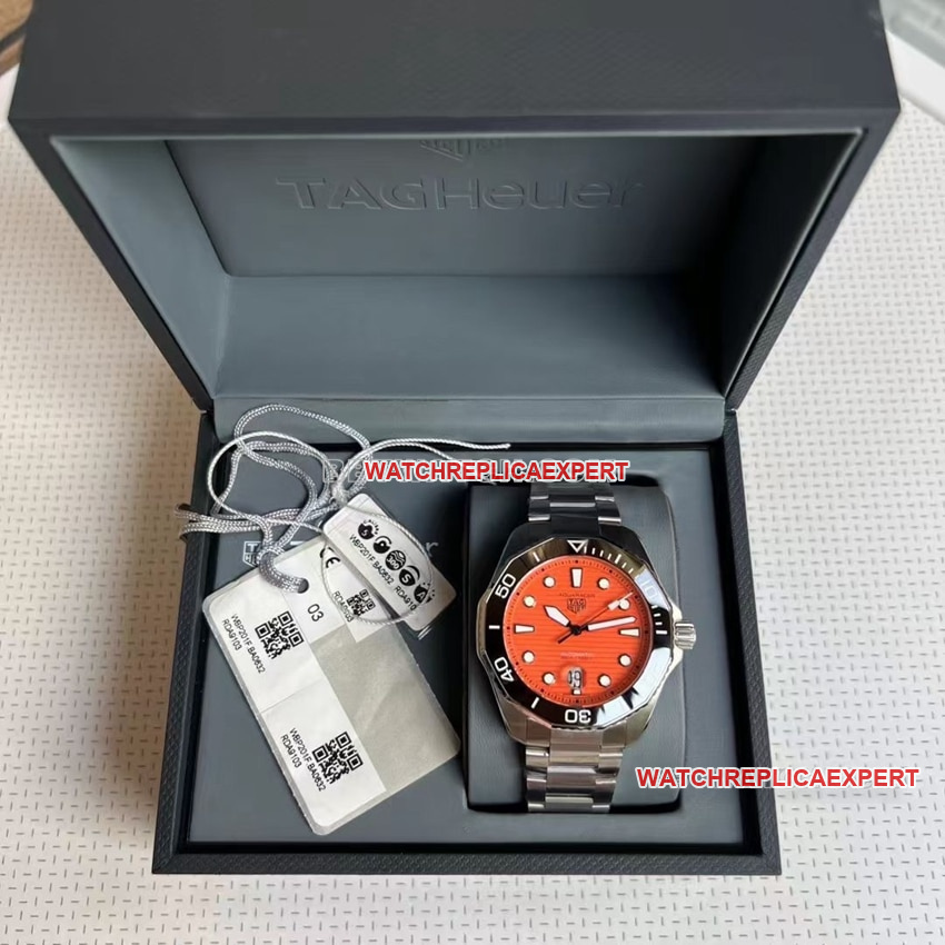 TAG Heuer Aquaracer WBP201F.BA0632 Original Factory Replika mit orangefarbenem Zifferblatt, schwarzes, sonnengebürstetes Taucherstahlarmband