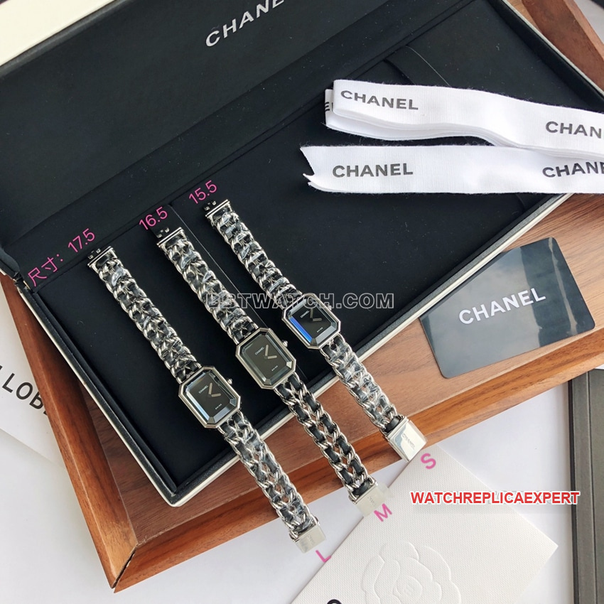 Chanel PREMIèRE ROCK H0451 réplica superior uno a uno esfera lacada en negro correa de cadena de cuero de cuarzo