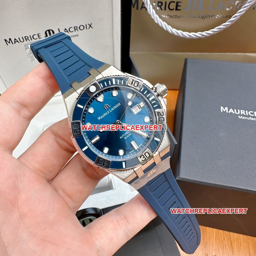 Maurice Lacroix AIKON AI6058 Reloj de buceo mecánico para hombre, esfera azul, 43 mm, resistente al agua hasta 300 metros, caja de madera original