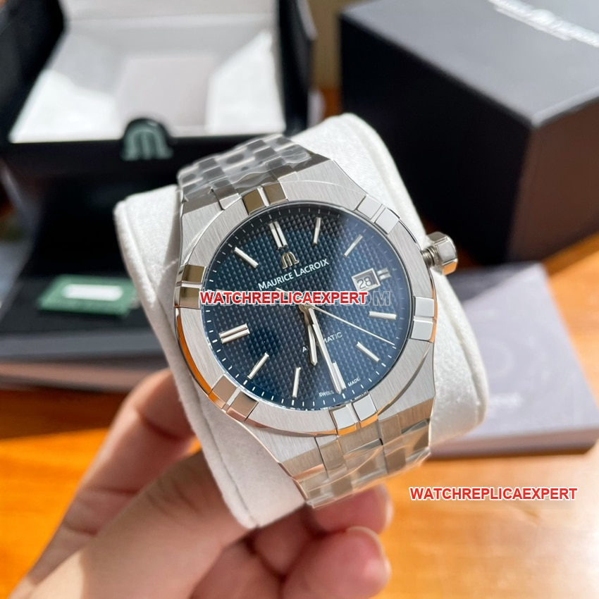 Maurice Lacroix AIKON AI6008 Esfera azul con diseño decorativo de París Brazalete de acero mecánico superclonado 1:1