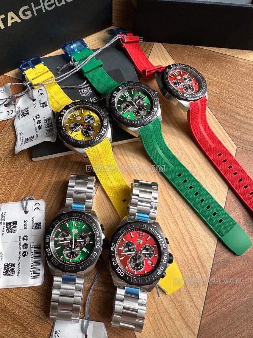 Tag Heuer F1 One-to-One Super A super clone à cadran rouge, vert et jaune, chronographe mécanique avec modèle en caoutchouc CAZ101A
