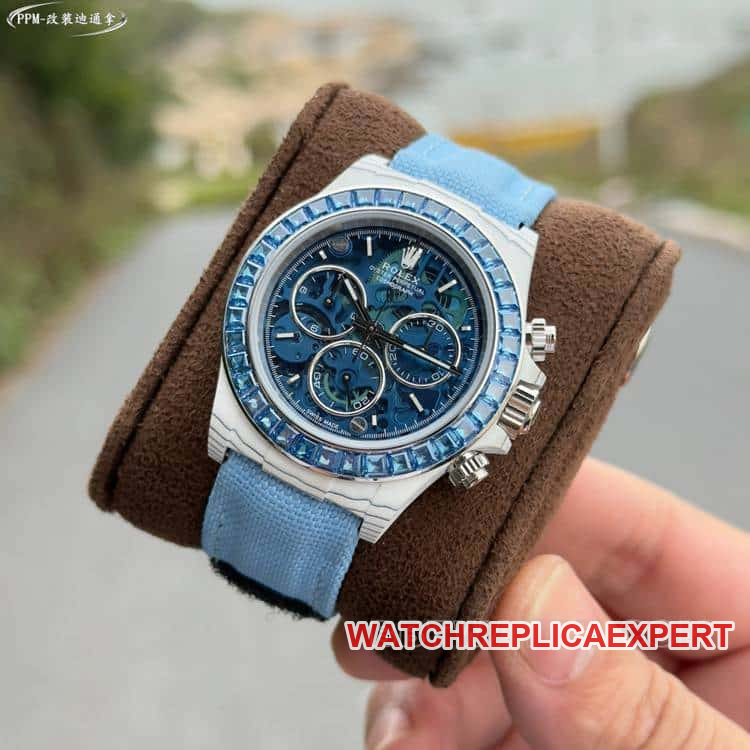Rolex Daytona 1:1 Super A Fine Imitation Blue Skeletonized Dial with Diamond Bezel Mechanical Leather Strap PPM Factory