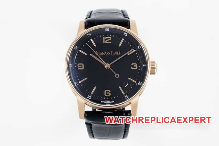 Audemars Piguet APS 1:1 Super A Replica Black Dial Rose Gold Case Mechanical Leather Strap Model 15210