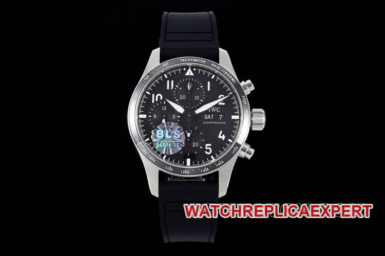 IWC IW388305 BLS Fliegeruhr Super A Collectschwarzes Zifferblatt, Chronograph, mechanisches Kautschukarmband, Titangehäuse, neue exklusive Open-Mold-Version