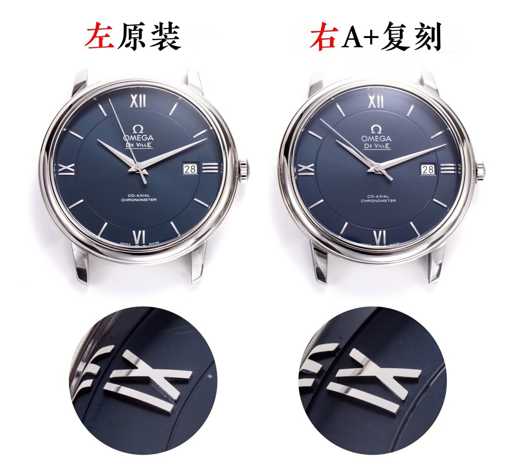 Omega De Ville Blue Dial 424.10.40.20.03.001 A+ Top-Tier Replica: 316L Steel Genuine vs Fake Comparison