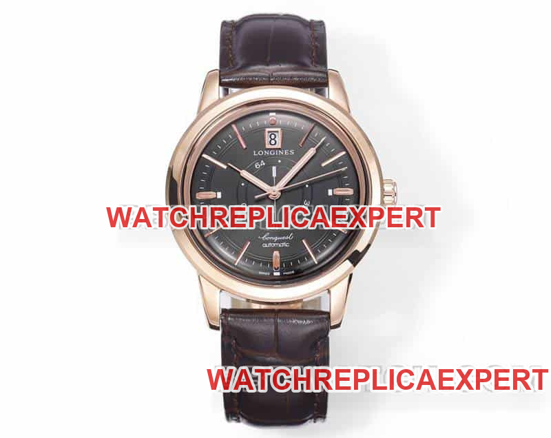 AD Factory Longines Classic CollectTop Original Factory Super Clone Carbon schwarzes Zifferblatt mechanische Uhr mit roségoldenem Lederarmband