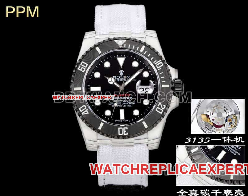 Rolex Submariner PPM Factory Top-Quality Replica Black Dial Carbon Fiber 3135 Automatic Movement White Leather Strap