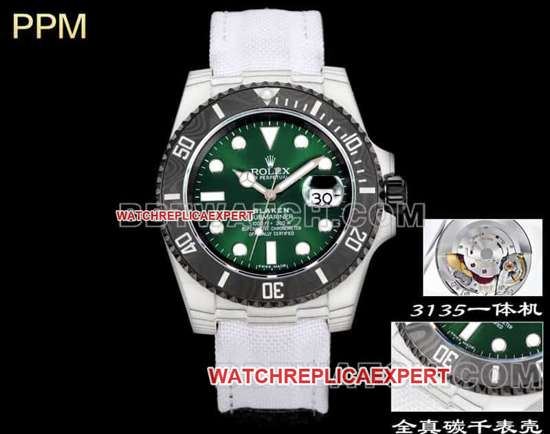 Rolex Submariner PPM Factory 1:1 Super A Super Clone Green Dial Carbon Fiber 3135 Automatic Movement White Leather Strap