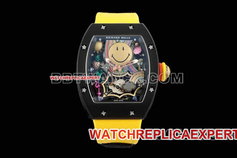 Richard Mille Men’s RM 88 Smiley Tourbillon, One-to-One Top Quality Replica, Black Case Mechanical Yellow Belt Model
