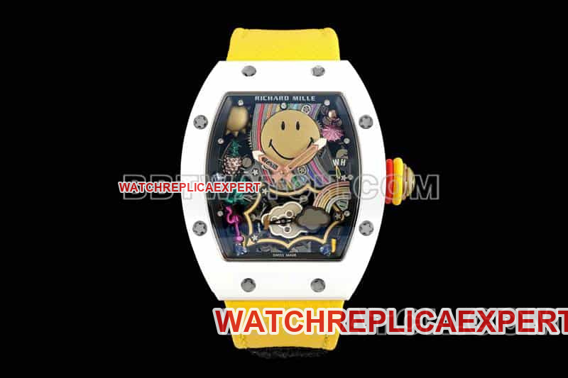Richard Mille RM 88 Smiley Tourbillon Automatic Super Clone Men’s Watch with Skeleton Dial and White Ceramic Case