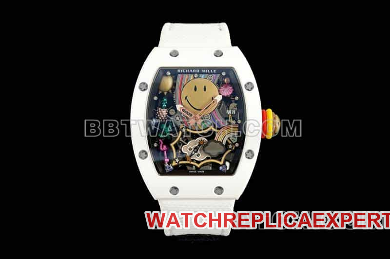 Richard Mille Men's Top Replica Smiley Tourbillon White Case Mechanical White Belt Model RM 88