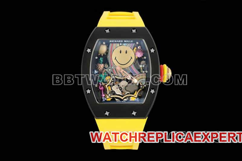 Richard Mille Richard Mille montre pour hommes un pour un super A haute imitation sourire tourbillon boîtier noir mécanique modèles caoutchouc jaune RM 88
