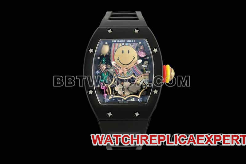 Richard Mille homme 1:1 super clone smiley visage tourbillon coque noire mécanique caoutchouc noir modèle RM 88