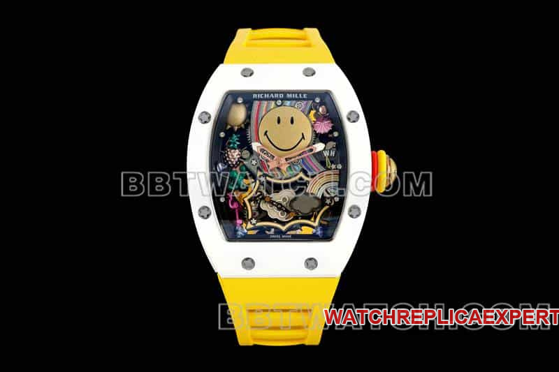 Men's Super A super clone Smiley Tourbillon White Case Mechanical Yellow Rubber Richard Mille RM 88