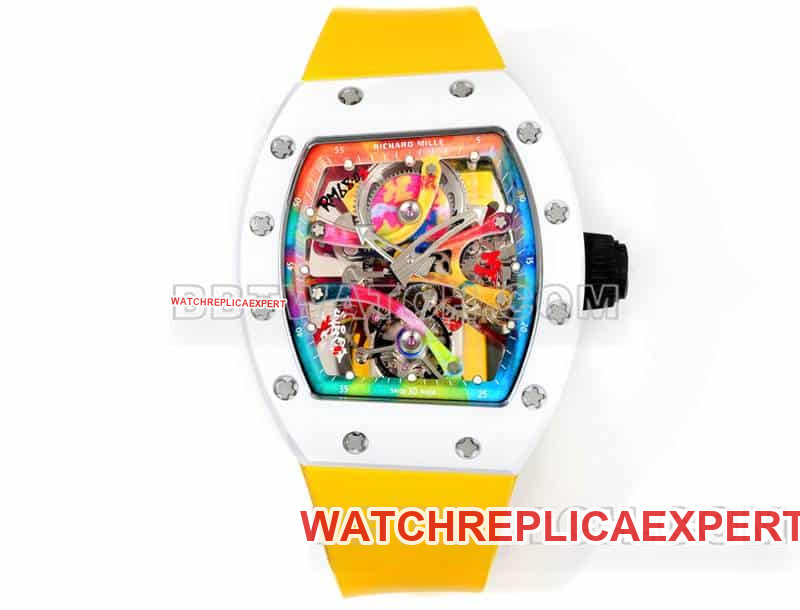 Richard Mille Men's RM 68-01 Top Replica Graffiti Tourbillon Mechanical Watch with Yellow Rubber