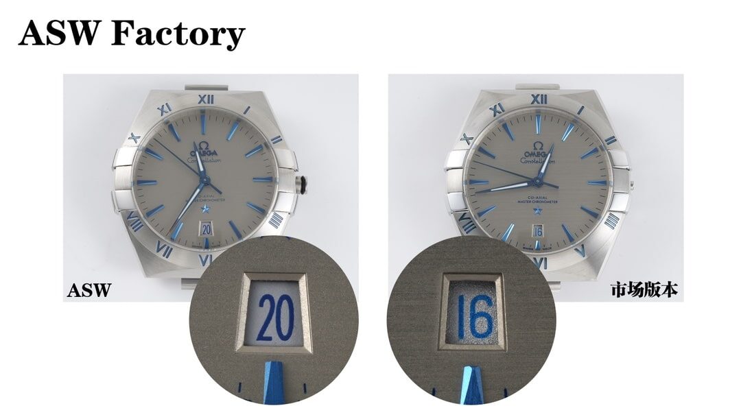 Omega Constellation Replica by ASW Factory: Sun Pattern Dial and Brushed Hands Genuine vs Fake Comparison