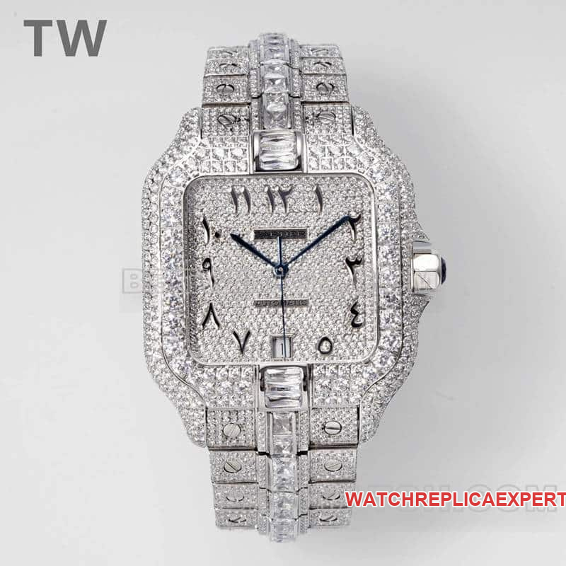 Cartier TW Factory Santos Gypsophila Top Replica, Full Diamond Dial, Mechanical Steel Strap Models
