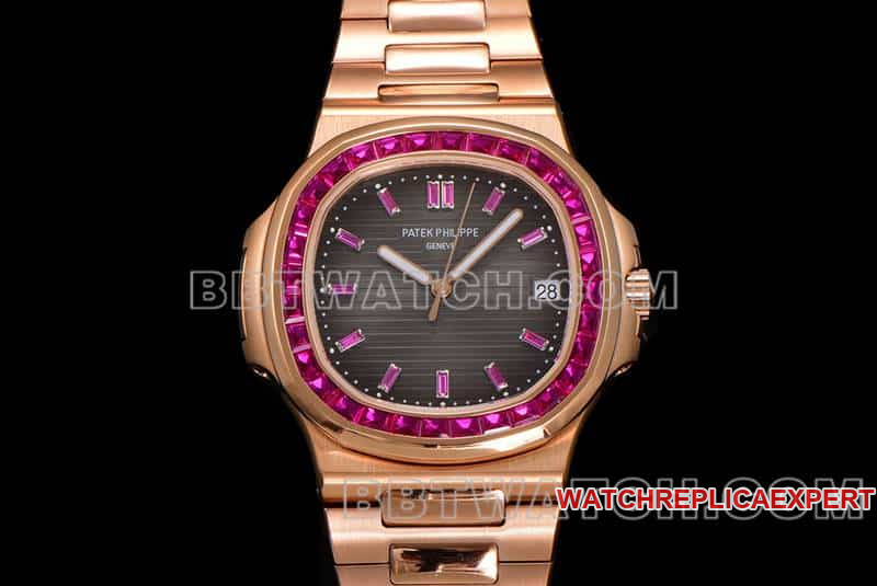 Patek Philippe usine E7 réplique haut de gamme sportive et élégante cadran dégradé noir lunette diamants roses montre mécanique Nautilus 5711