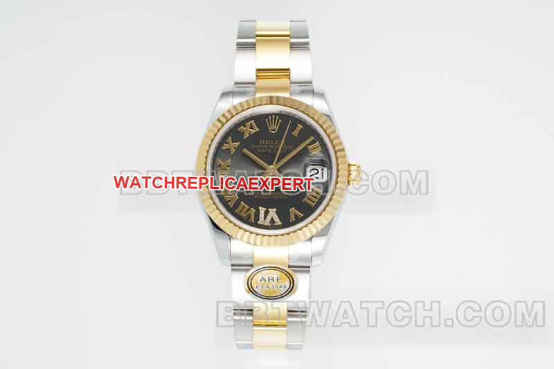 31mm factory ARF log top 1:1 imitation black plate Rolex mechanical intergold three compartment links 278273