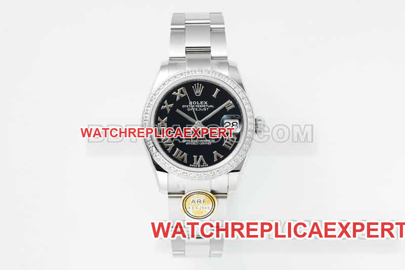 Rolex 31mm ARF Datejust Super A super clone Black Dial Roman Numeral Diamond Bezel Watch, 31mm Mechanical Three-Link 278289