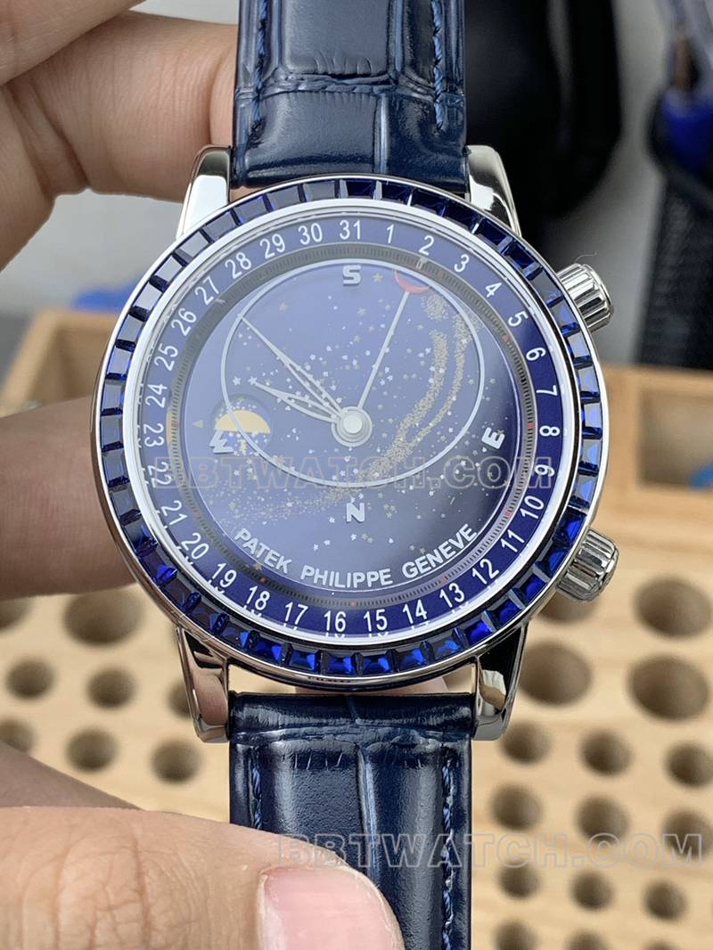 Montre Patek Philippe Réplique Haut de Gamme Usine 3K Fonction Super Complexe Cadran Bleu Lunette Diamant Bleu Bracelet Mécanique Cuir Modèle