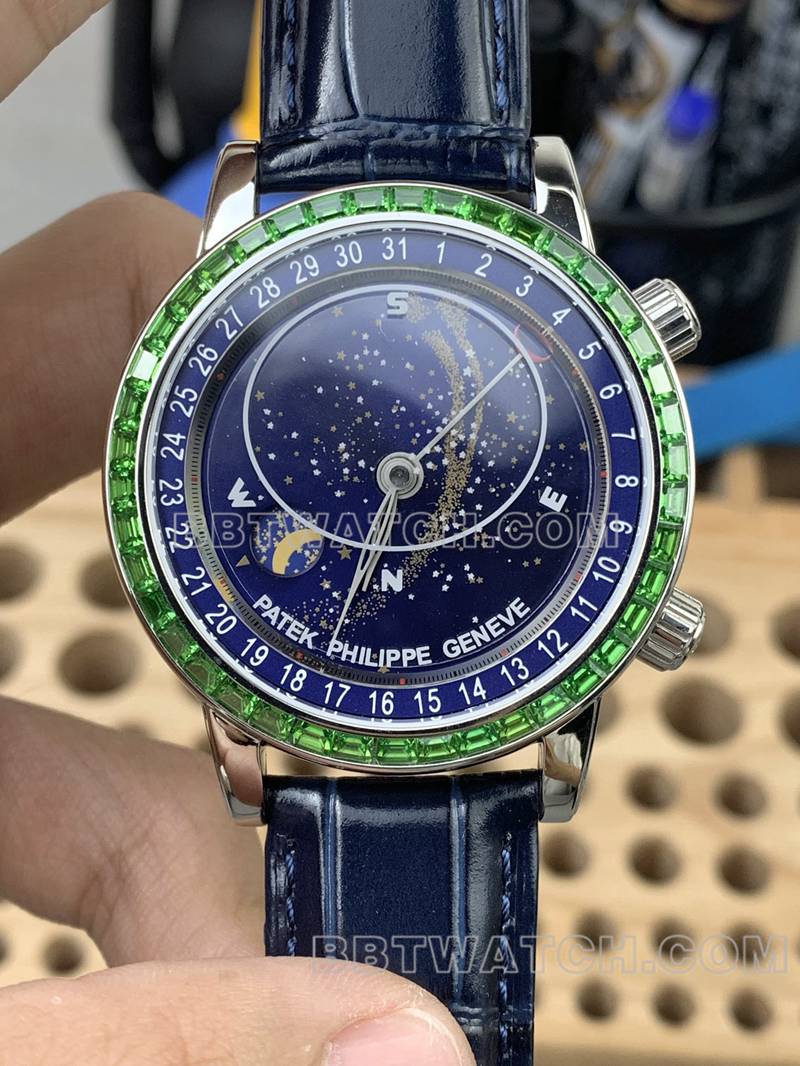 Patek Philippe 1:1 replica watch 3K Factory super complex function timepiece with blue dial, green diamond bezel, mechanical movement, leather strap model