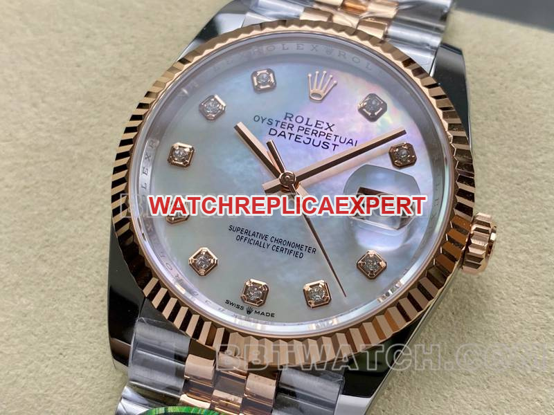 36mm top replica watches ARF factory logotype mother-of-pearl disk mechanical inter rose gold steel belt Rolex models