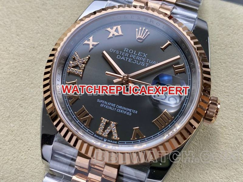 36mm ARF Rolex Datejust grey dial mechanical rose gold steel strap replica watch factory