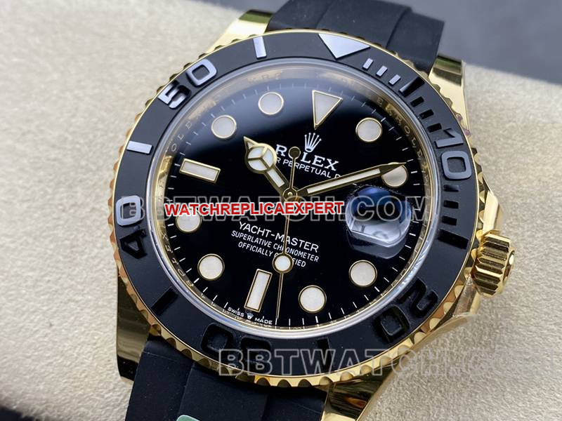 Super Clone 42mm ARF Factory Rolex Yacht-Master Black Dial Gold Case Mechanical Rubber Strap