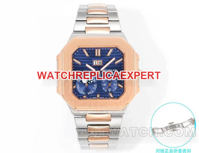 Réplica superior de reloj 3K de fábrica con esfera negra y azul, movimiento mecánico de 240 PS, banda de acero de dos tonos, 45 mm, Patek Philippe modelo 5822