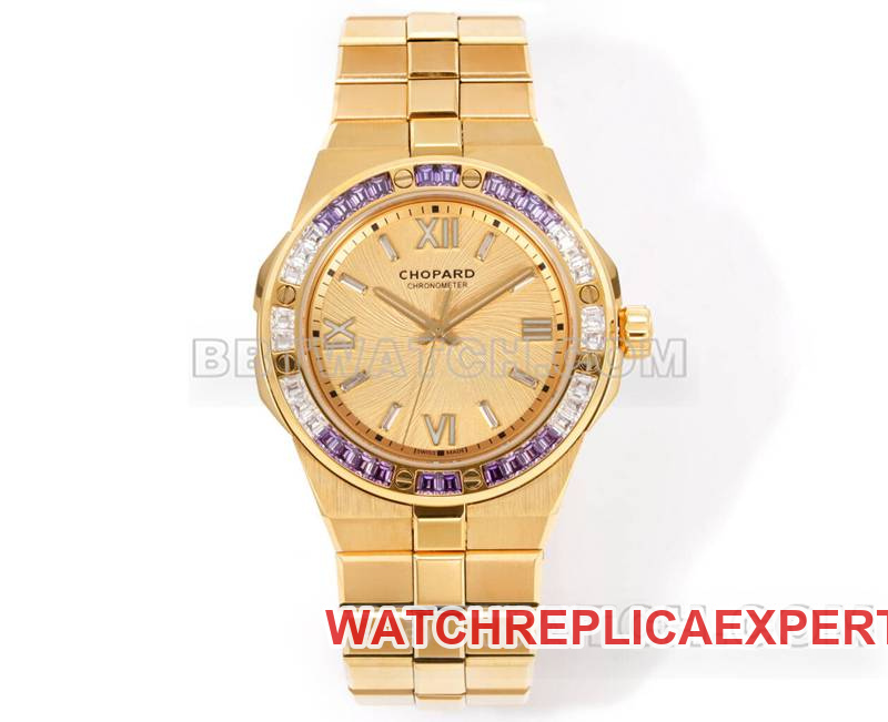 top replica watches GH factory snow mountain proud wing gold plate purple gem diamond ring mechanical gold steel belt models Chopard