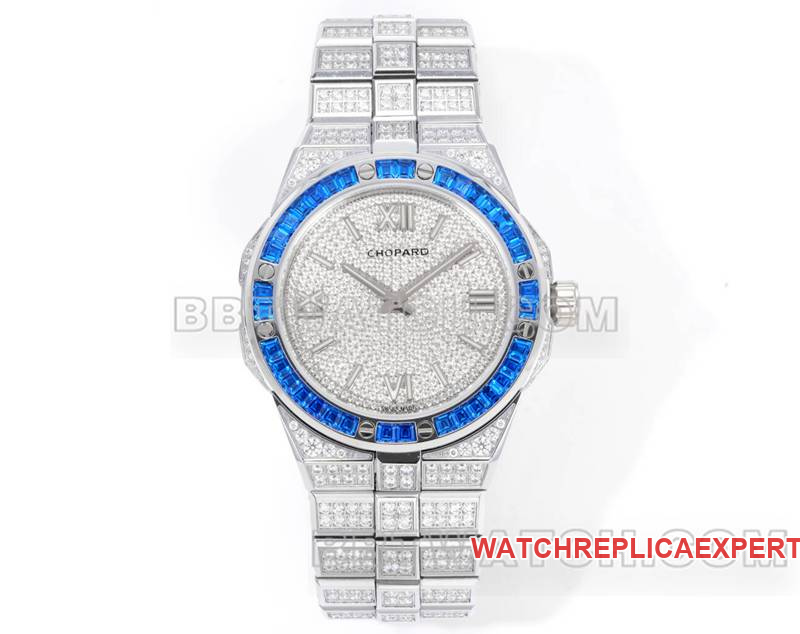 Optimal Replica Watches GH Factory Snowy Mountain Pride 41mm Pavé Diamants Bague Saphir Bleu Bracelet En Acier Mécanique Modèles Chopard