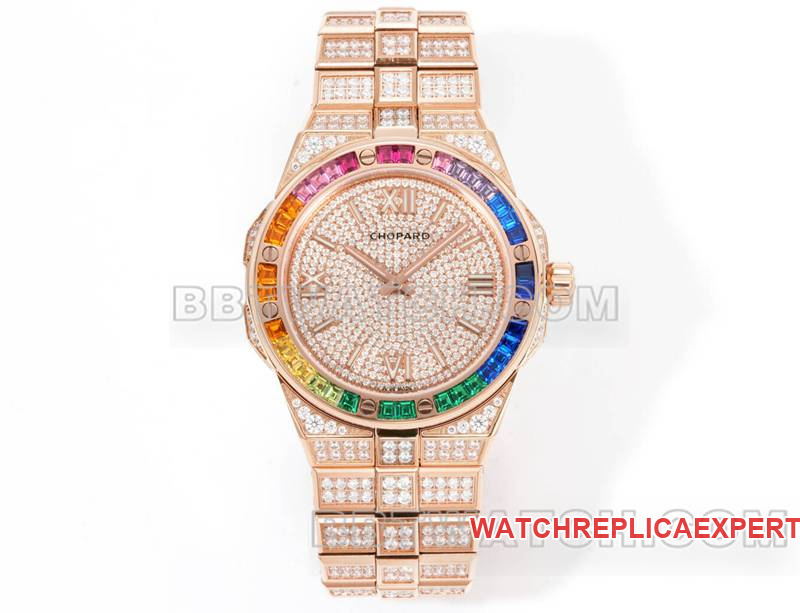 Chopard 1:1 Replica Watch GH Factory Snow Mountain Proud Wing Pavé Diamond Color Sapphire Crystal Circle Mechanical Rose Gold Steel Bracelet Model 41mm