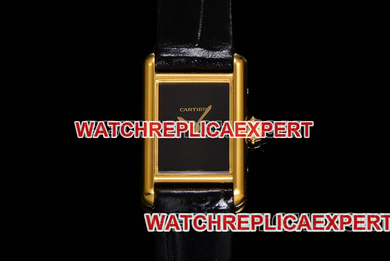 Cartiers hochwertige Replik-Uhr F1 Factory Tank, schwarzes Zifferblatt, goldenes Gehäuse, Quarzarmband, Modell Cartier