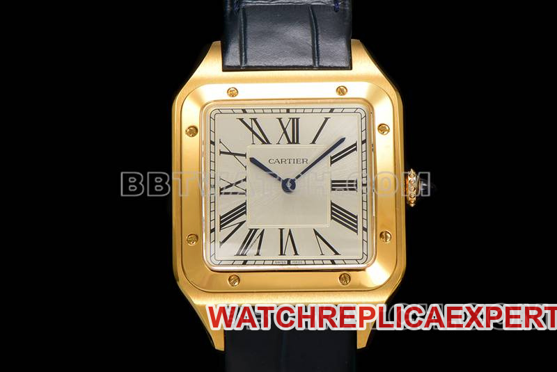 Cartier Santos best replica watch F1 factory white dial gold case mechanical quartz leather strap