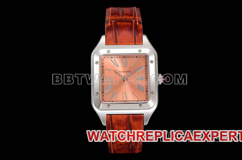 Cartiers hochwertige Replik-Uhr F1 Factory Santos, rosafarbenes Zifferblatt, mechanisches Quarz-Lederarmband von Cartier