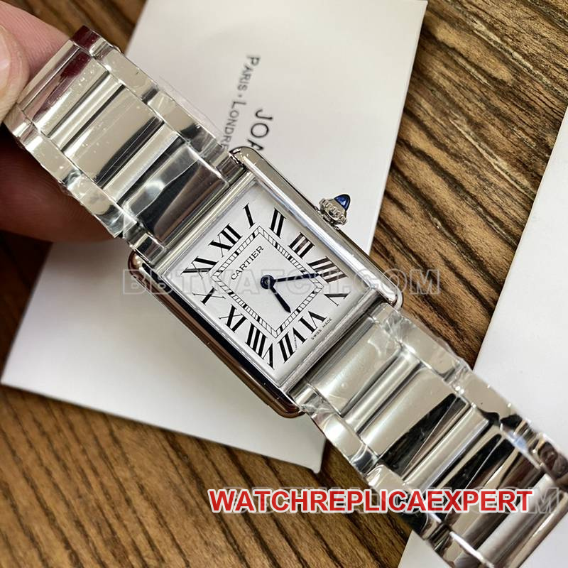 Super Clone Watch Tank, weißes Zifferblatt, gebläute Stahlzeiger, mechanisches Stahlarmband, Modell Cartier