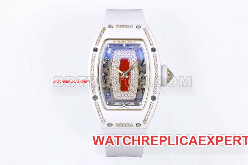 Richard Mille RM07-1 ZF Factory Super Clone Watch White Ceramic Red Dial Diamonds Mechanical Skeletonized Watch