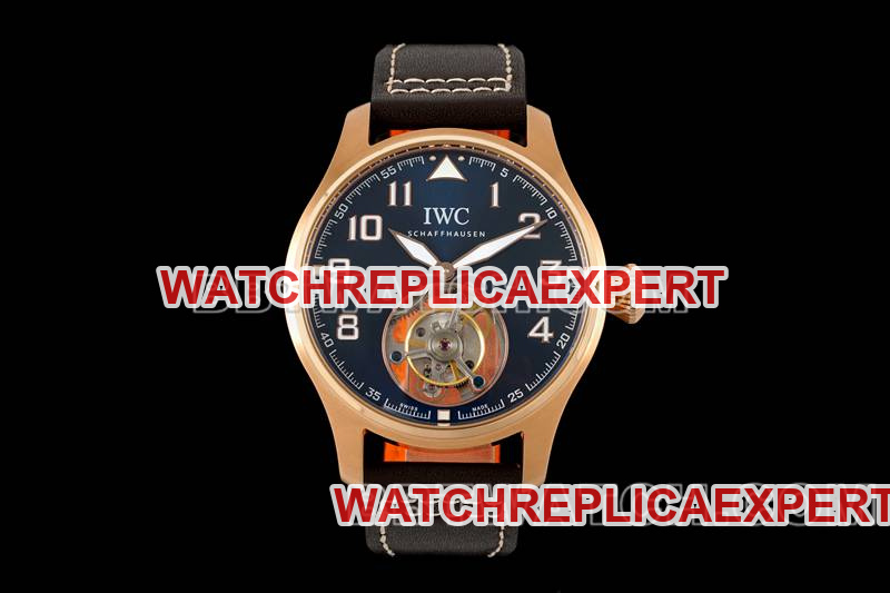 Super Clone IWC Pilot Series RMS Factory Blue Dial Rose Gold Tourbillon Mechanical Leather Strap Watch
