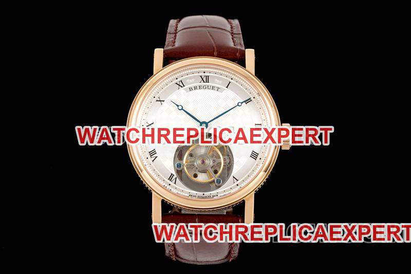 Breguet Classic Series RMS Factory Meilleure réplique de montre Cadran argenté-blanc Tourbillon Or rose Modèle de bracelet en cuir mécanique