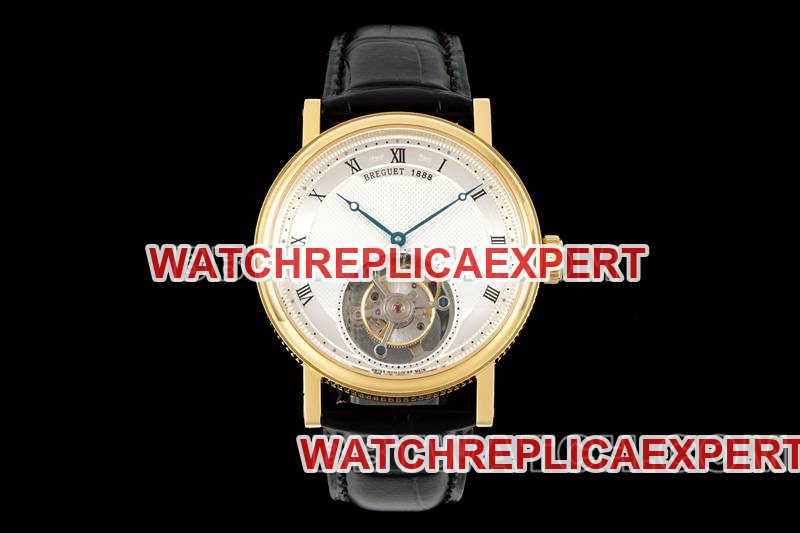 Breguet RMS Factory Classic Cadran Argent-Blanc Tourbillon Or Jaune Bracelet Cuir Mécanique Réplique Montre Homme