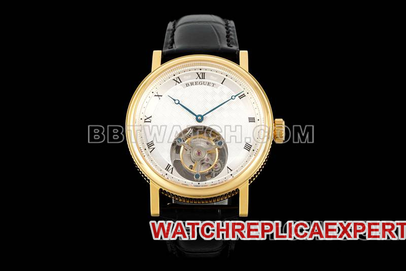 Breguet Meilleure Réplique RMS Factory Classique Cadran Argent-Blanc Tourbillon Or Jaune Bracelet En Cuir Mécanique Modèle Breguet