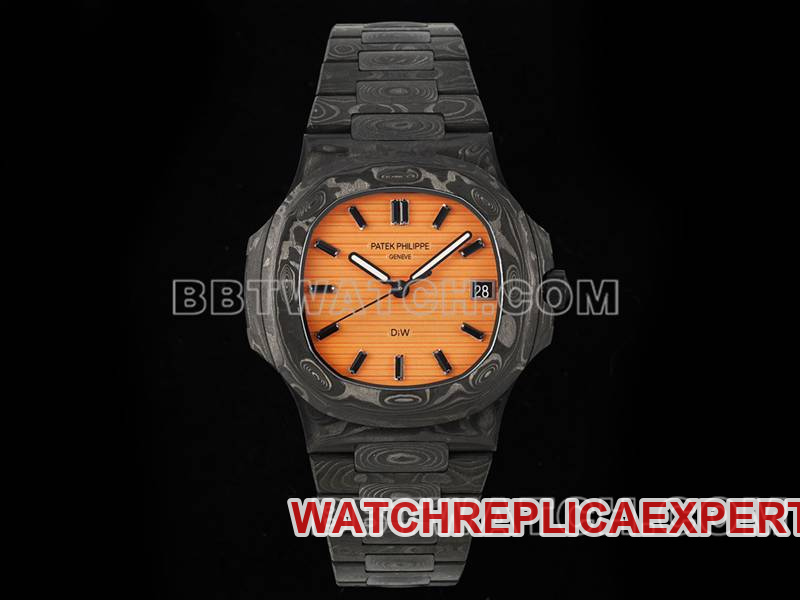 Patek Philippe DIW Factory Nautilus 5711 Orange Dial Carbon Fiber Mechanical Steel Bracelet Replica Watch