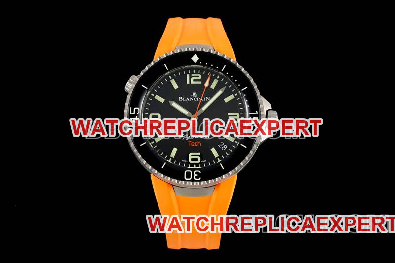 Blancpain Fifty Fathoms, schwarzes Zifferblatt, Titan, mechanisch, orangefarbenes Gummimodell, optimale Replik-Uhren