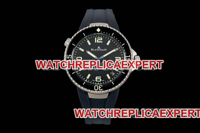 Blancpain Super Clone Fifty Fathoms Black Dial Blue Hands Titanium Mechanical Black Rubber Model Blancpain