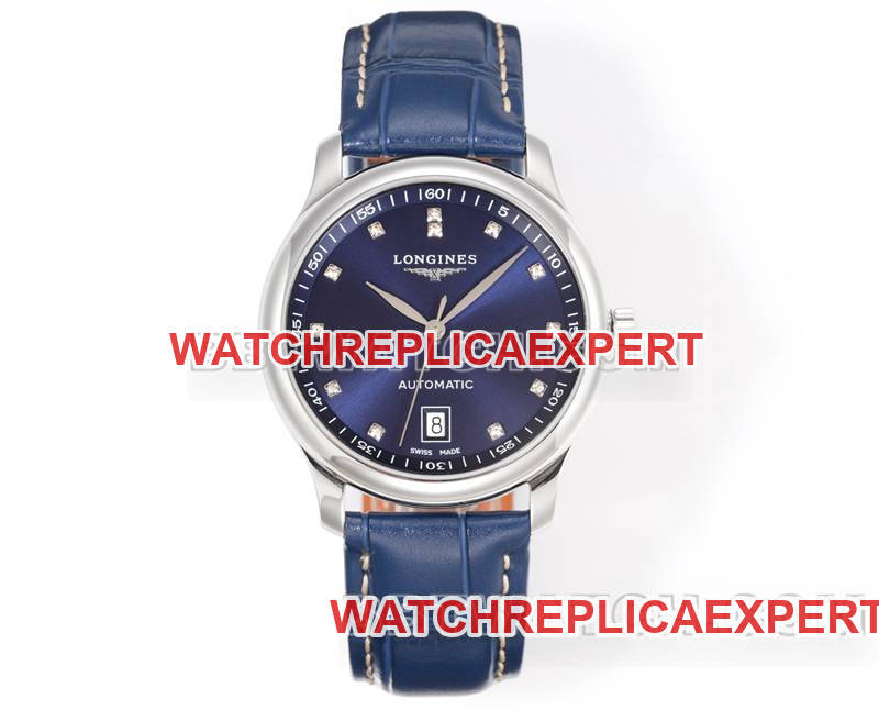 Longines super clone watch XC factory famous craftsman blue dial diamond time mark L888 mechanical movementleather strap model front live photo