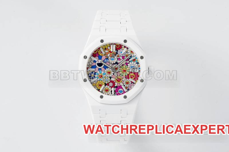 Top Replica Watches APS Factory Royal Oak Flower Pattern Dial White Ceramic Steel Strap Model 15500 Audemars Piguet